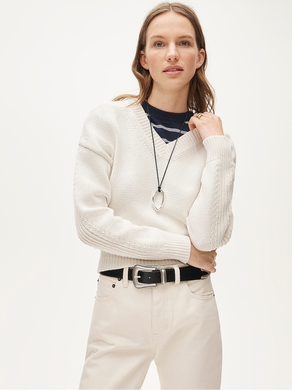 J. Crew Cotton Blend V-neck Pullover Sweater in Ivory Size Small NWT